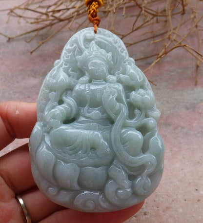Certified Green 100% Natural A Jade jadeite pendant Guanyin Kwan Yin Lotus Flower Necklace 观音 519924  TN