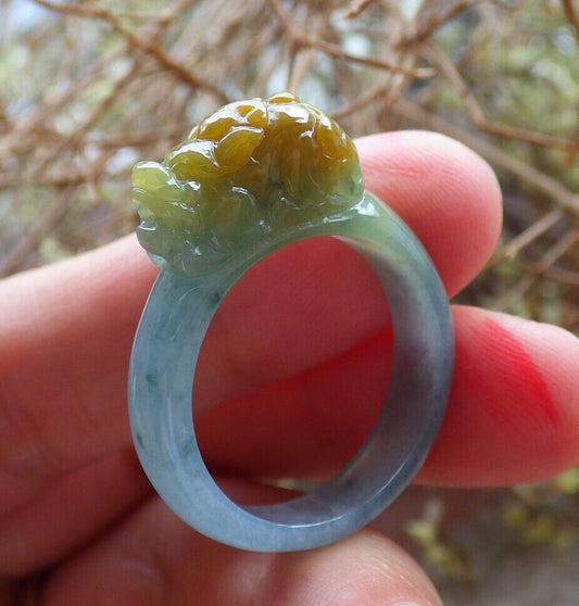 Certified Icy Yellow Green 100% Natural A JADE Jadeite Dragon Pi Xiu RING USA. 9.25 戒指 523823  TN