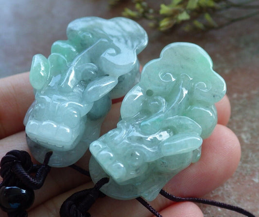 Pair Certified Green Burma 100% Natural A Jade jadeite Pendant Dragon Pi Xiu Coin Money Coin Necklace 风水貔貅 574130 TN