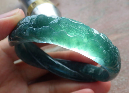 Certified Icy Blue Water Green Burma 100% Natural A JADE Jadeite Flower Knotted Bangle Bracelet 55 mm 手镯 633454  TN
