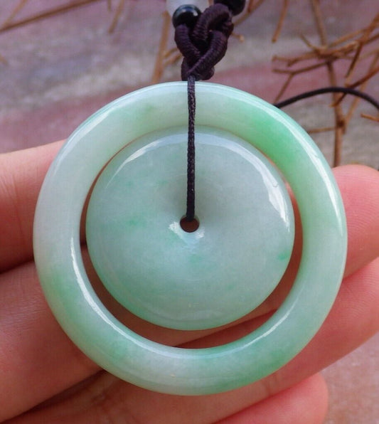 Certified Green 100% Natural A Jade jadeite Pendant Circle Donut Necklace 母子平安扣 528770  TN