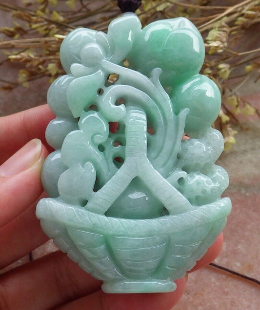 Certified Green Burma 100% Natural A Jade jadeite Pendant Peach Coin Lotus Flower Ruyi Basket Necklace 575156 TN