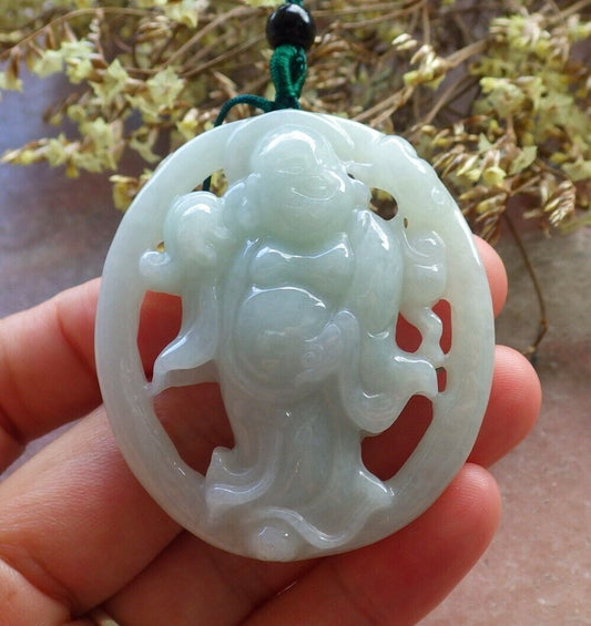 Certified Green 100% Natural A Jade jadeite pendant Happy Buddha God Ruyi Necklace 开心佛 524296  TN