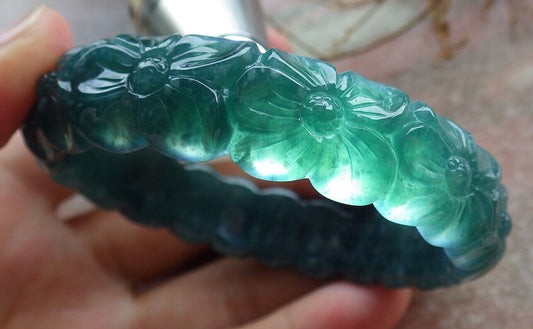 Certified Icy Blue Water Green Burma 100% Natural A JADE Jadeite Flower Bangle Bracelet 55 mm 635396  AS
