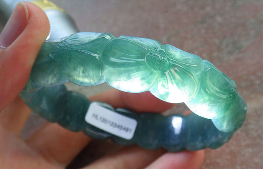 Certified Icy Green Burma 100% Natural A JADE Jadeite Flower Bangle Bracelet 57 mm 手镯 634192  TN