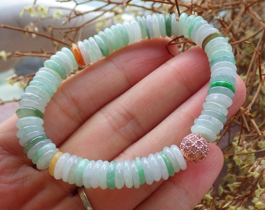 Certified Yellow Green Pale Lavender 100% Natural A JADE Jadeite Bead Beads Bangle Circle Bead Beads Bangle Bracelet 平安扣手链 524993  TN
