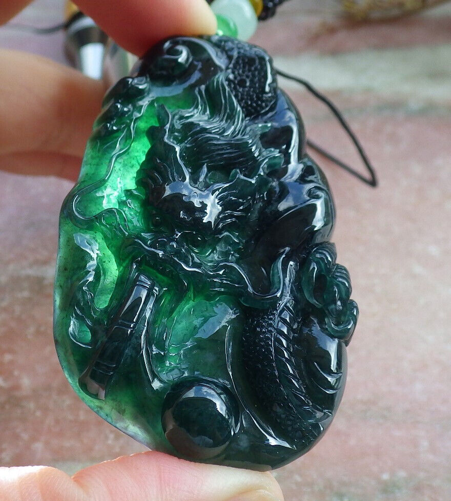 Atestita Glacia Blua Akvo Verda Birmo 100% Natura A Jadejadeita Pendanta Drako-Perlo-Koliero 生意兴隆 632763 TN