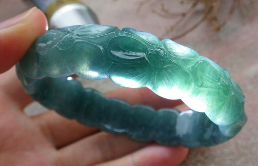 Certified Icy Green Burma 100% Natural A JADE Jadeite Flower Bangle Bracelet 58 mm 635488  TN