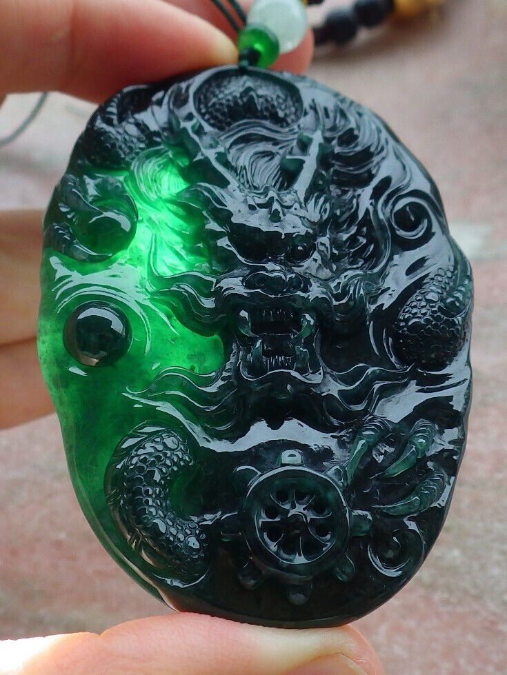 Certified Icy Blue Water Green Burma 100% Natural A Jade jadeite Pendant Dragon Bead Necklace 生意兴隆 636318  TN