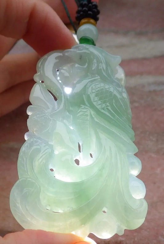 Certified Green Burma 100% Natural A Jade jadeite Pendant Phoenix Lotus Flower Necklace 凤凰 636743  TN
