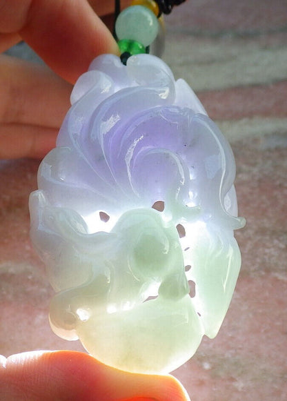Certified Lavender Green Burma 100% Natural A Jade jadeite Pendant Fox Lotus Necklace 狐狸 634293  TN