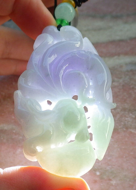 Certified Lavender Green Burma 100% Natural A Jade jadeite Pendant Fox Lotus Necklace 狐狸 634293  TN