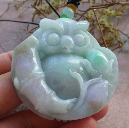 Certified Green Pale Lavender Burma 100% Natural A Jade jadeite Pendant Owl Lotus Flower Necklace 猫头鹰 632920  TN