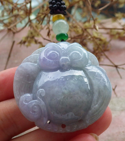 Certified Lavender Green Burma 100% Natural A Jade jadeite Pendant Owl Coin Ruyi Necklace 猫头鹰 632618  TN
