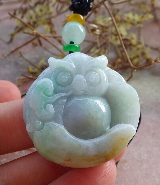 Certified Green Yellow Burma 100% Natural A Jade jadeite Pendant Owl Ruyi Necklace 猫头鹰 632837  TN