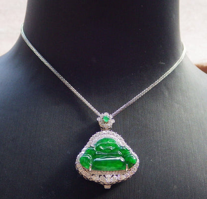 Icy Green Silver 925 Certified Burma 100% Natural A JADE Jadeite pendant Happy Buddha God Necklace 佛公 635173  TN