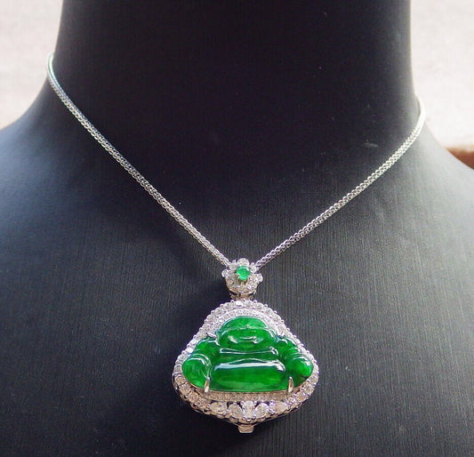 Icy Green Silver 925 Certified Burma 100% Natural A JADE Jadeite pendant Happy Buddha God Necklace 佛公 635173  TN