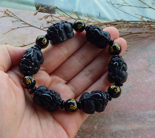 Certified Green Black Burma 100% Natural A JADE Jadeite Bead Beads Bangle Dragon Pi Xiu Coin Bracelet 墨翠风水貔貅手链 565180 TN