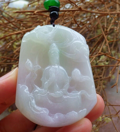 Certified Green Pale Lavender 100% Natural A Jade jadeite Pendant Guanyin Kwan Yin Phoenix Lotus Flower Necklace 观音 525022  TN