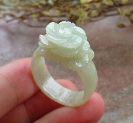 Certified Yellow Green Burma 100% Natural A JADE Jadeite Rose Flower RING USA. 11.5 花戒指 575208 TN