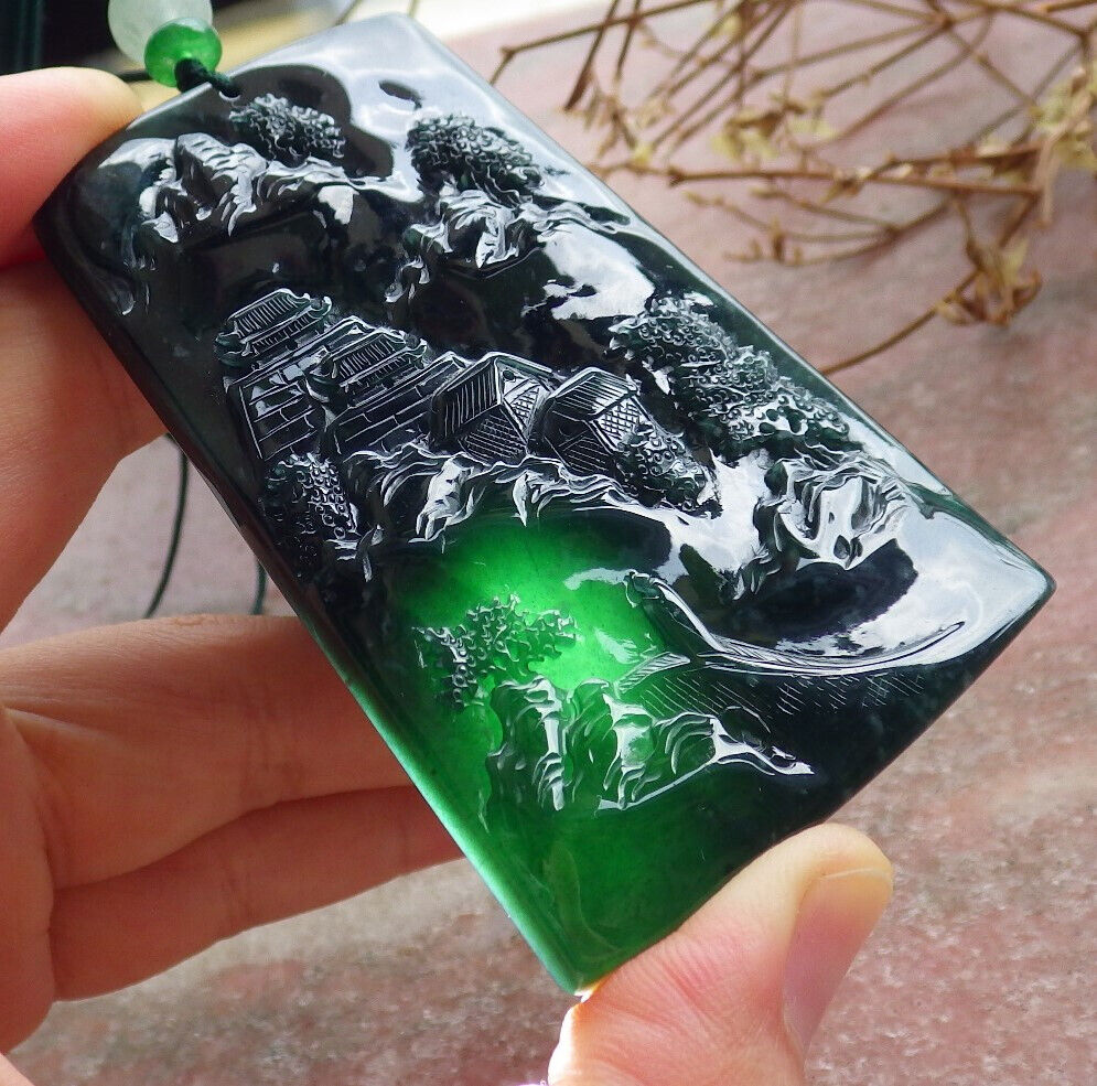 Atestita Glacia Blua Akvo Birmo 100% Natura A Jadejadeito Pendilo Pejzaĝa Pentrado Arba Koliero 山水画 634386 TN