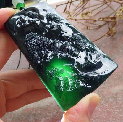 Atestita Glacia Blua Akvo Birmo 100% Natura A Jadejadeito Pendilo Pejzaĝa Pentrado Arba Koliero 山水画 634386 TN