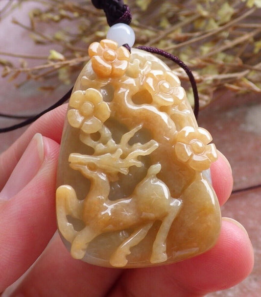 Certified Yellow Green Burma 100% Natural A Jade jadeite Pendant Deer Flower Necklace 梅花鹿 575073 TN