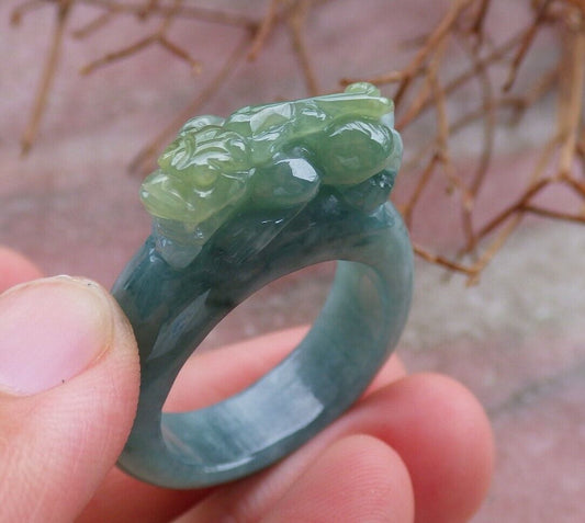 Certified Green Yellow 100% Natural A JADE Jadeite Dragon Pi Xiu RING USA. 10 戒指 528629  TN