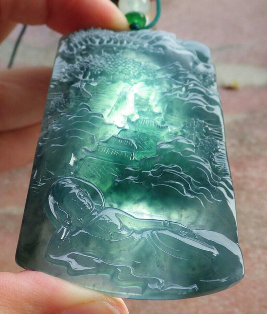 Certified Icy Blue Water Green Burma 100% Natural A Jade jadeite Pendant Landscape painting Guanyin Kwan Yin Tree Necklace 山水画 633900  TN