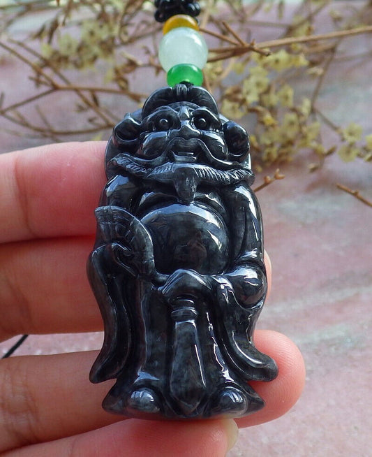 Certified Black Burma 100% Natural A Jade jadeite pendant Zhong Kui God Sword Fan Necklace 钟馗 632886  TN