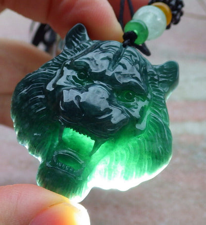 Certified Icy Blue Water Burma 100% Natural A Jade jadeite Pendant Tiger Head Necklace 虎虎生威 635303  TN