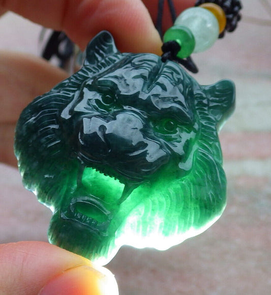 Certified Icy Blue Water Burma 100% Natural A Jade jadeite Pendant Tiger Head Necklace 虎虎生威 635303  TN