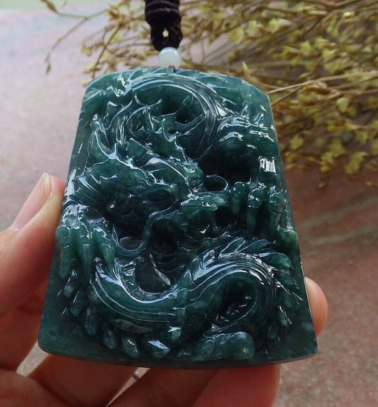 Certified Icy Green Burma 100% Natural A Jade jadeite Pendant Dragon Ruyi Necklace 生意兴隆 574732 TN