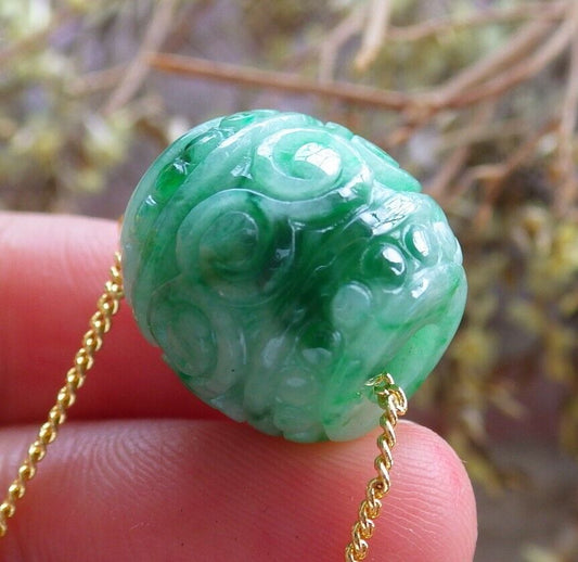 Certified Green 100% Natural A Jade Lotus Flower Ruyi Money Coin Circle Bead Necklace 路路通 523899  TN