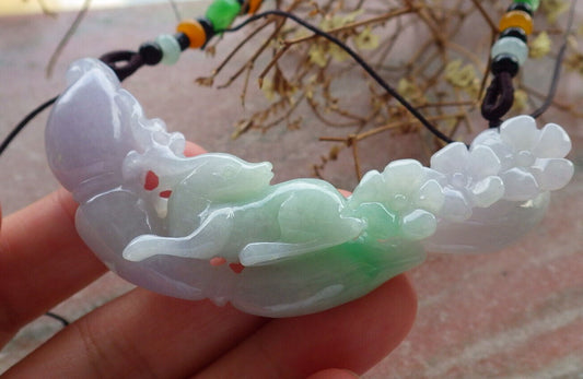 Certified Green Lavender Burma 100% Natural A Jade jadeite Pendant Deer Flower Ruyi Necklace 梅花鹿 634109  TN