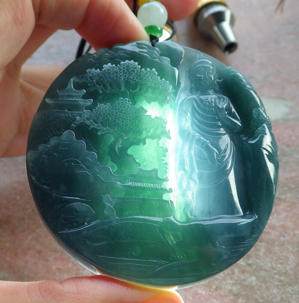 Atestita Glacia Verda Birmo 100% Natura A Jadejadeito pendanta Pejzaĝa pentraĵo Guanyin Kwan Yin Arba Koliero 山水画 634091 TN