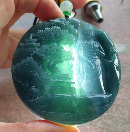 Atestita Glacia Verda Birmo 100% Natura A Jadejadeito pendanta Pejzaĝa pentraĵo Guanyin Kwan Yin Arba Koliero 山水画 634091 TN