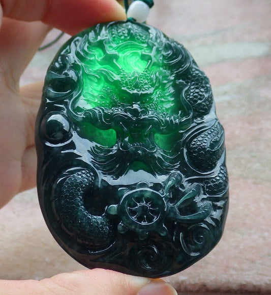 Certified Icy Blue Water Green Burma 100% Natural A Jade jadeite Pendant Dragon Bead Necklace 生意兴隆 634152  TN