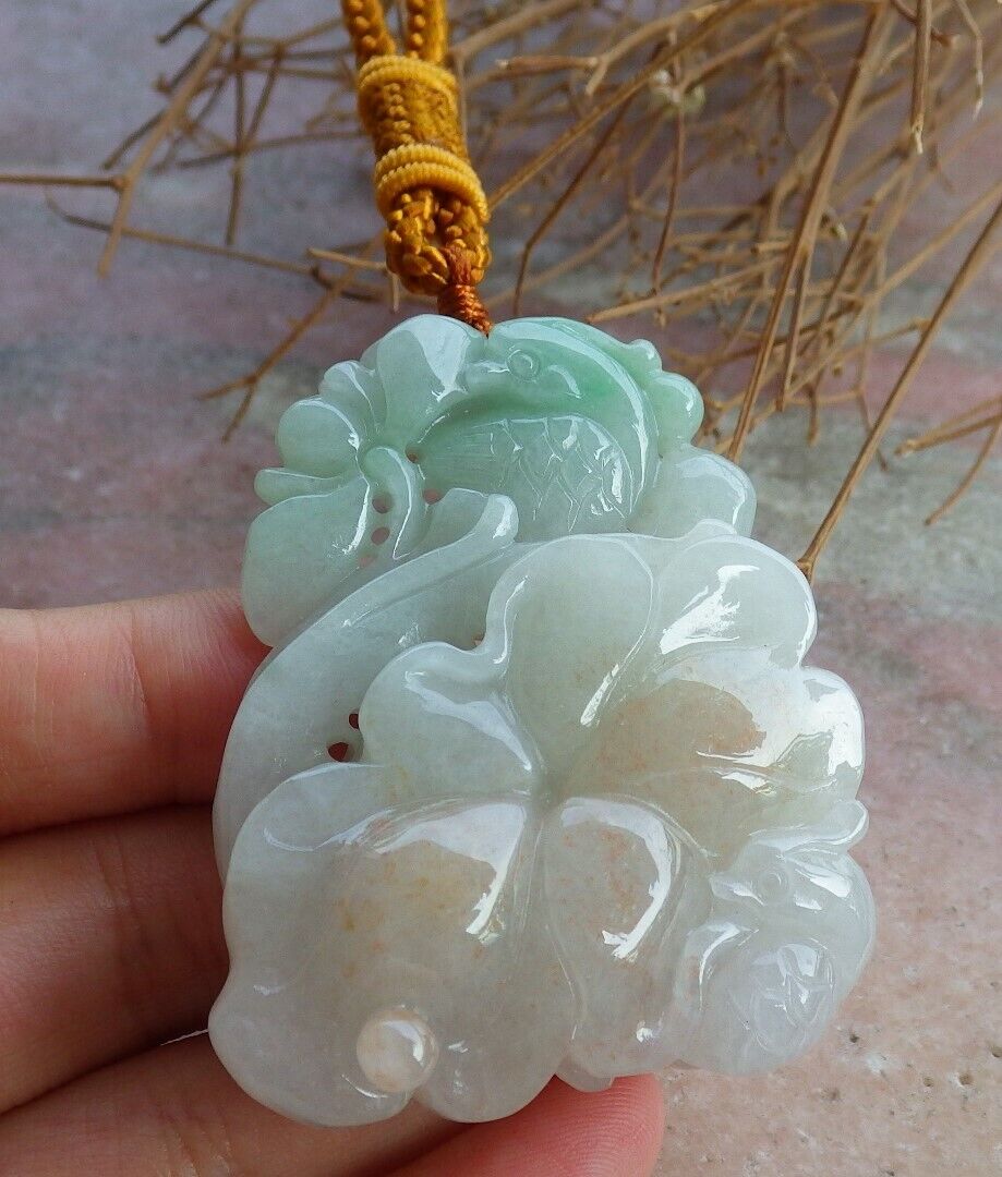 Certified Green Pale Red 100% Natural A Jade jadeite Pendant Mandarin Duck Phoenix Lotus Flower Leaf Ruyi Money Coin Necklace 鸳鸯 521071  TN