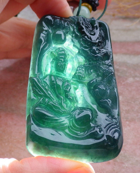 Certified Icy Green Burma 100% Natural A Jade jadeite Pendant Guanyin Kwan Yin Dragon Bead Necklace 观音 636916  TN