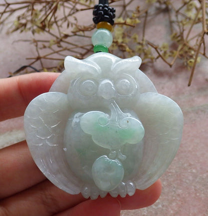 Certified Green Burma 100% Natural A Jade jadeite Pendant Owl Ruyi Necklace 猫头鹰 633380  TN