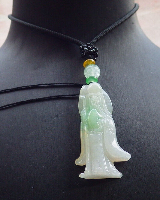 Certified Green Burma 100% Natural A Jade jadeite Pendant Longevity God Dragon Peach Necklace 寿星公 633270  TN
