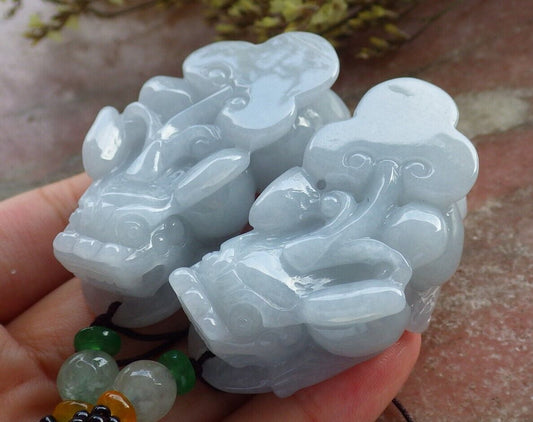 Pair Certified Pale Green Lavender Burma 100% Natural A Jade jadeite Pendant Dragon Pi Xiu Money Coin Ruyi Necklace 风水貔貅 573973 TN