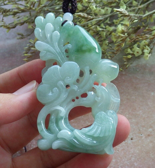 Certified Icy Green Burma 100% Natural A Jade jadeite Pendant Phoenix Peach Lotus Flower Ruyi Necklace 凤凰 574243 TN