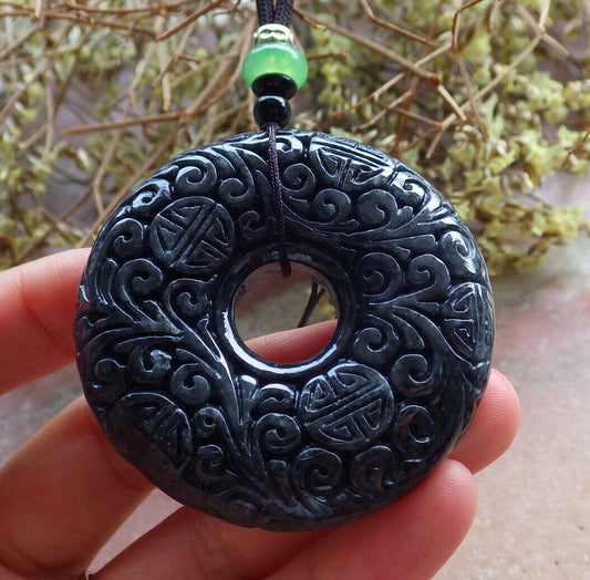 Certified Black 100% Natural A Jade jadeite pendant Longevity Lotus Flower Circle Necklace 花平安扣 523913  TN