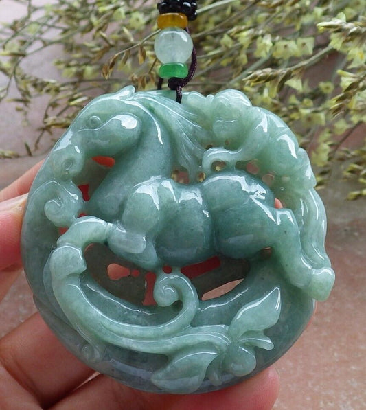 Certified Green Burma 100% Natural A Jade jadeite Pendant Horse Monkey Lotus Flower Necklace 573750 TN