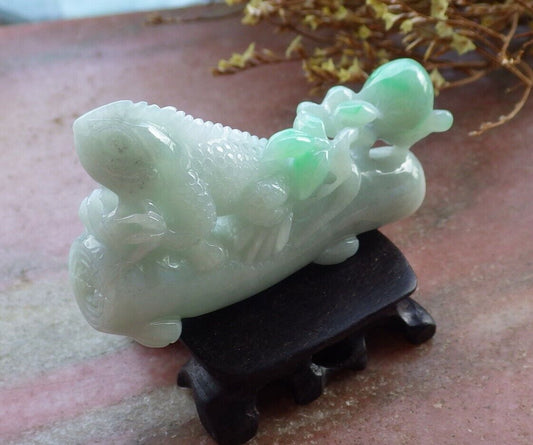 Certified Green 100% Natural A Jade jadeite Display Dragon Lizard Tree Leaf Peach 龙蜥蜴 525198  TN