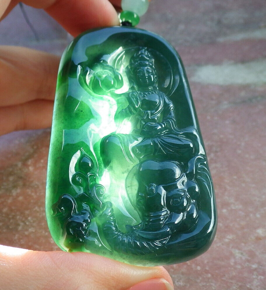 Certified Icy Blue Water Green Burma 100% Natural A Jade jadeite Pendant Guanyin Kwan Yin Elephant Lotus Flower Necklace 观音 632811  TN