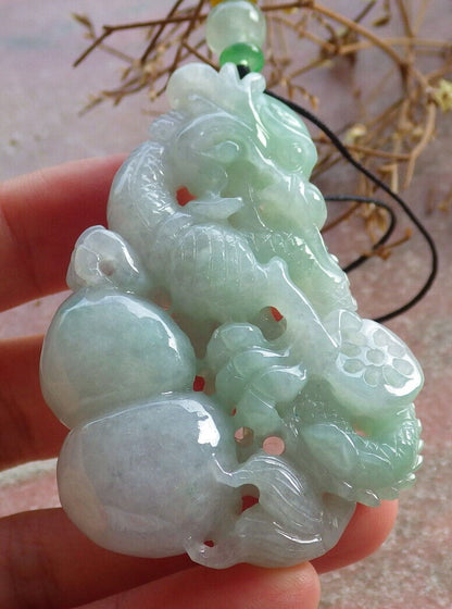 Certified Green Burma 100% Natural A Jade jadeite Pendant Dragon Gourd Coin Necklace 生意兴隆 635154  TN