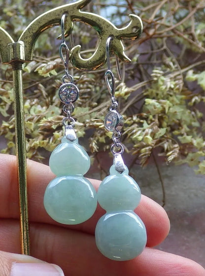 Certified Icy Green Sterling Silver 0.925 Natural A Jade jadeite Gourd Earrings Earring Dangle 耳环 524289  TN